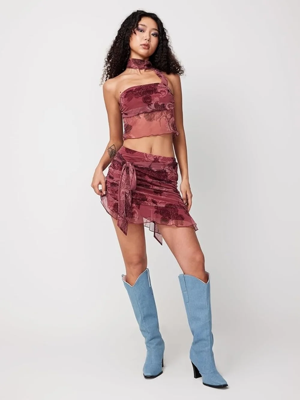 Cider Sheer Floral Two-Piece Set - Burgundy - Picture 6 of 8